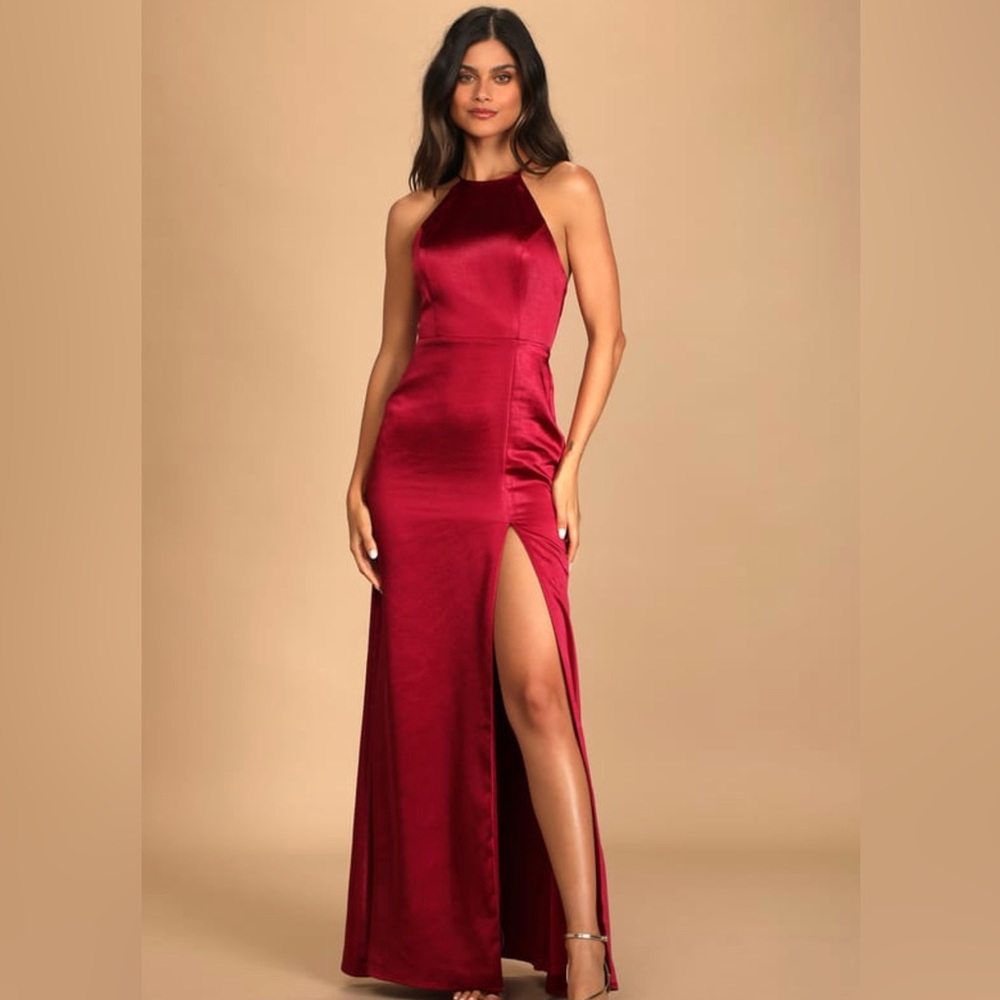 NWT Prom dress! Lulus Make It Elegant Burgundy Satin Strappy Maxi Dress